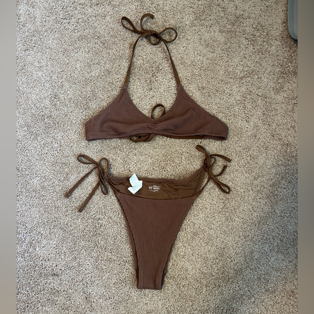Aerie Brown Ribbed Tie-Side Bikini Set Size medium